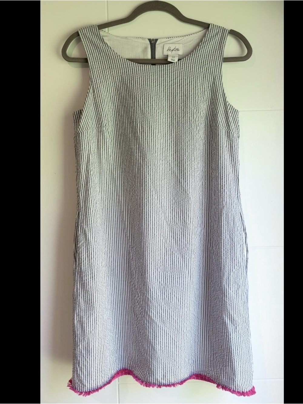 Seersucker Sleeveless Blue & White Striped Midi Dress w/ Pink Fringe Hem